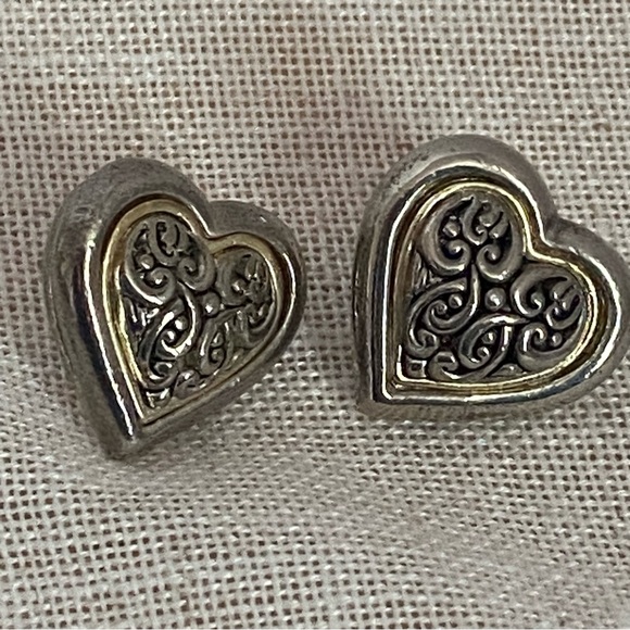 Silver Heart shape Earrings ornate Brighton Swirl pierced earrings gold puffy - Picture 13 of 15